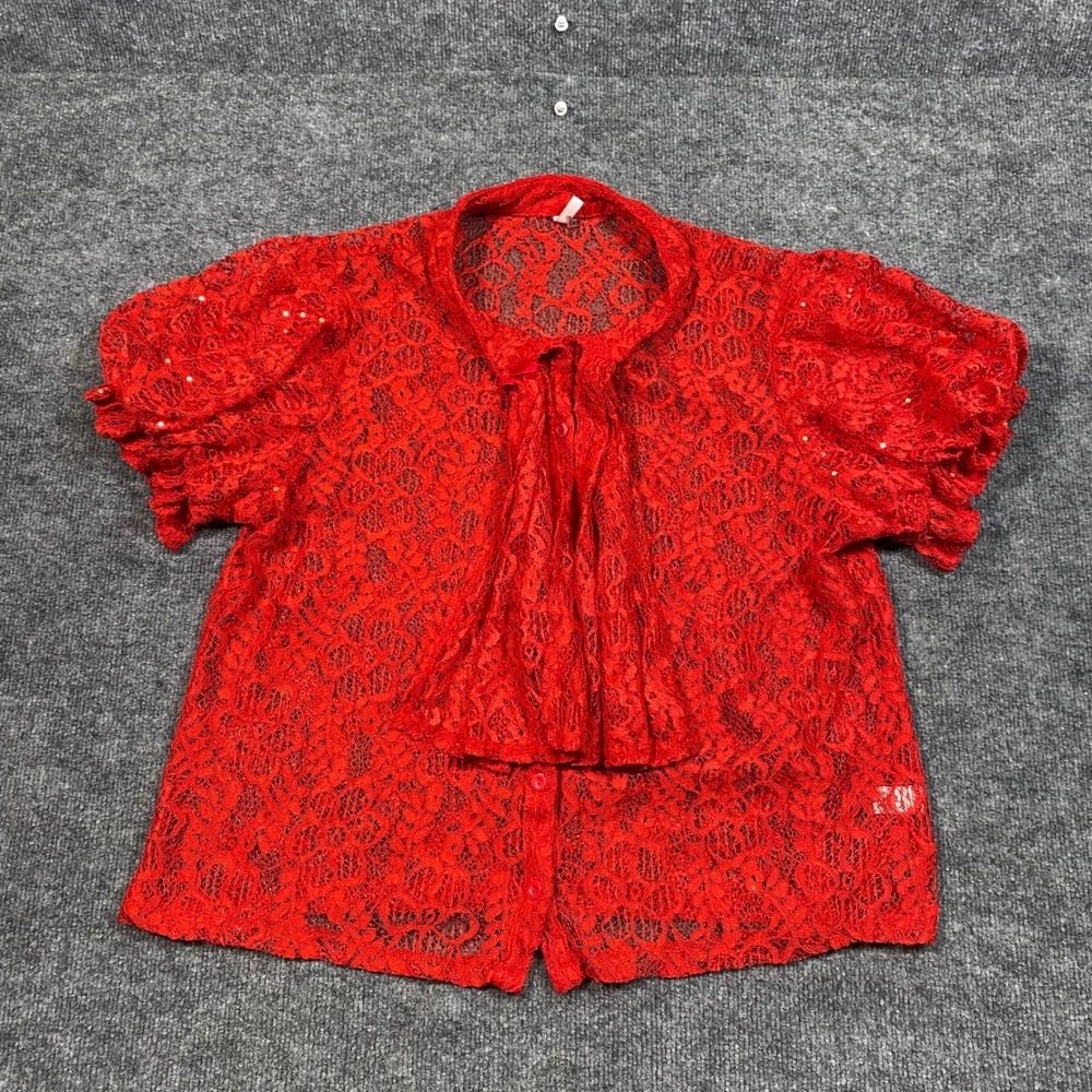 Mirror Image Red Lace Jabot Blouse Short Sleeve Sequin Accent Top 2X